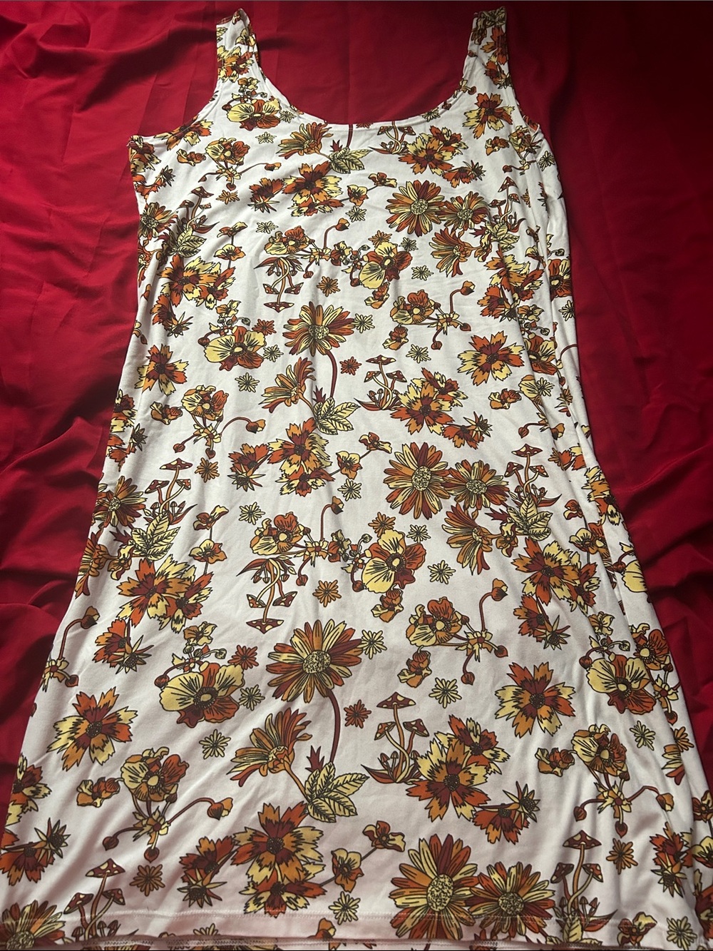 Sleeveless Midi Tank Dress in White with Orange & Yellow Floral Print